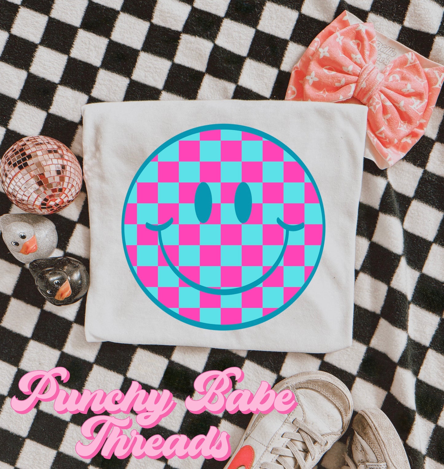 Turquoise/Pink Checkered Smiley Kids Tee/Romper