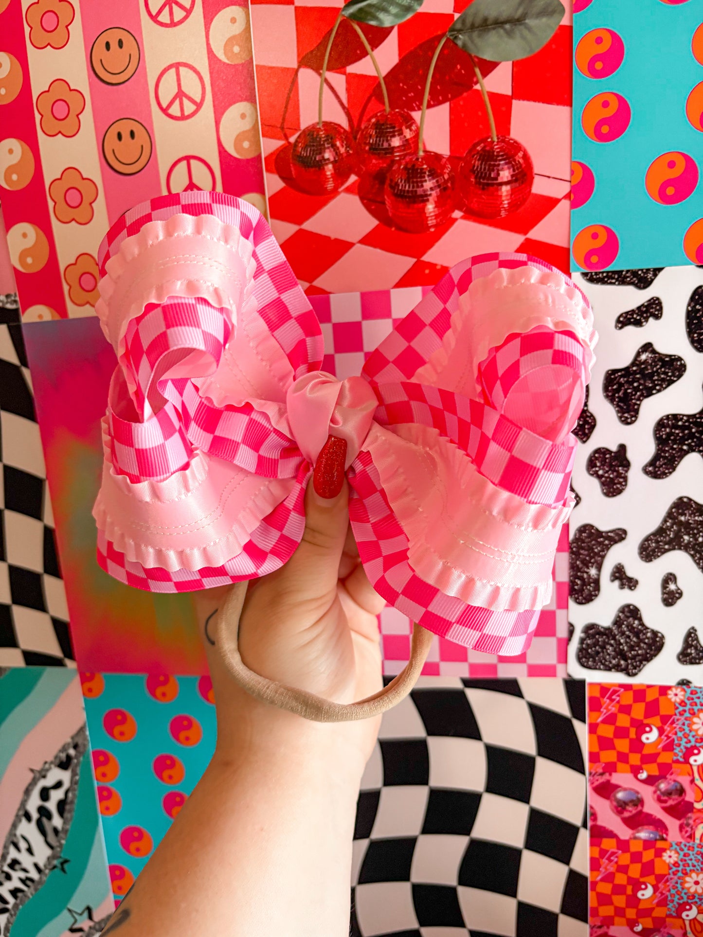 Pink Checkered Ruffle Ribbon Bow