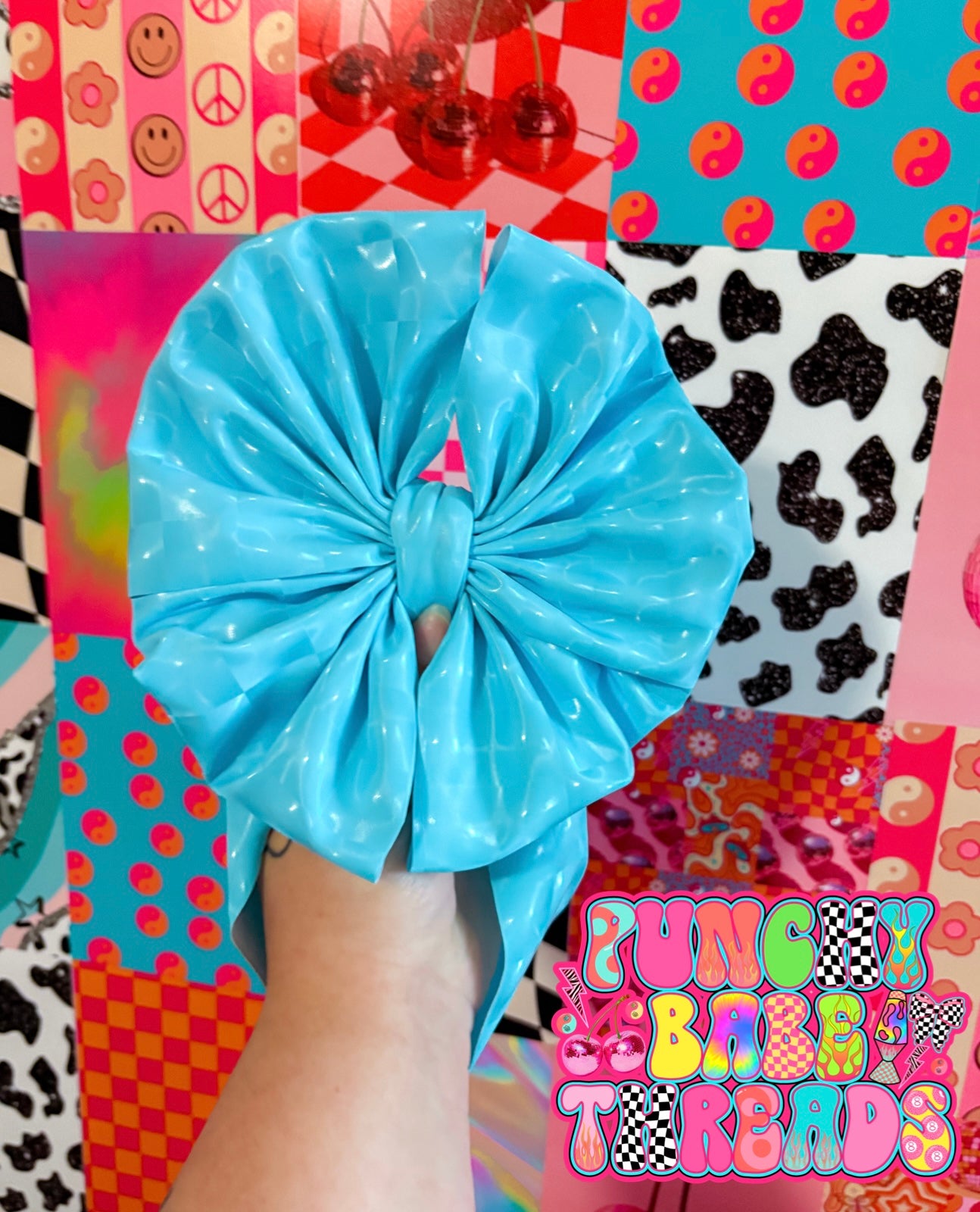 Blue Checkered Pleather Bow