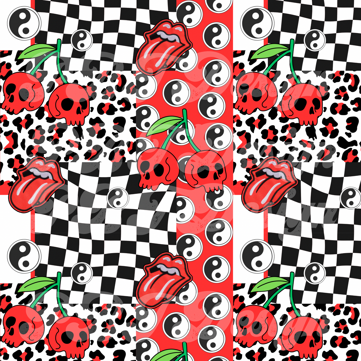 Skull Cherry Patchwork Red Seamless Digital