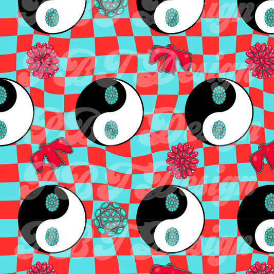 Red Western Yin Yang Checkered Seamless Digital