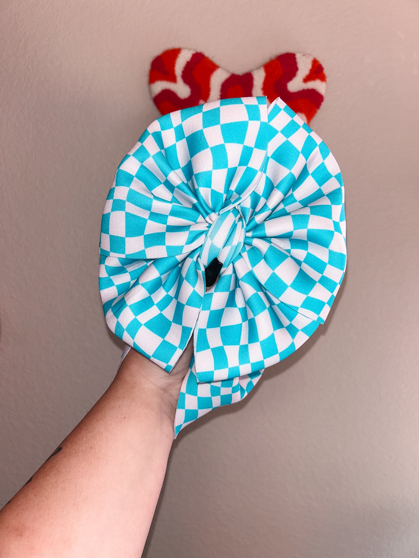 Blue Wavy Checkered Bow