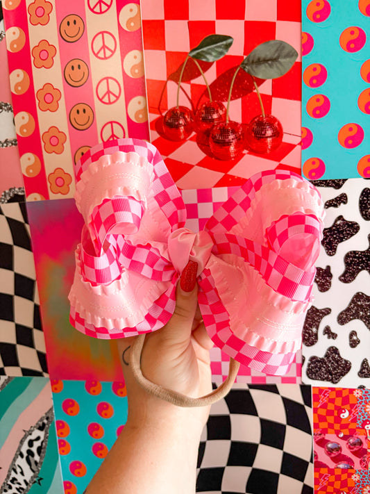 Pink Checkered Ruffle Ribbon Bow