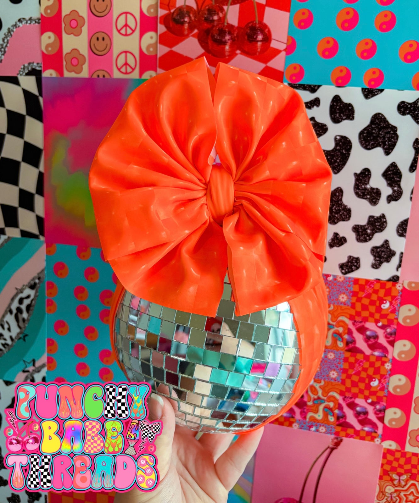Neon Orange Checkered Pleather Bow