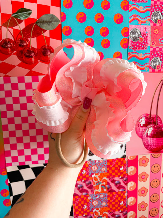 Glitter Pink Ruffle Pearl Bow