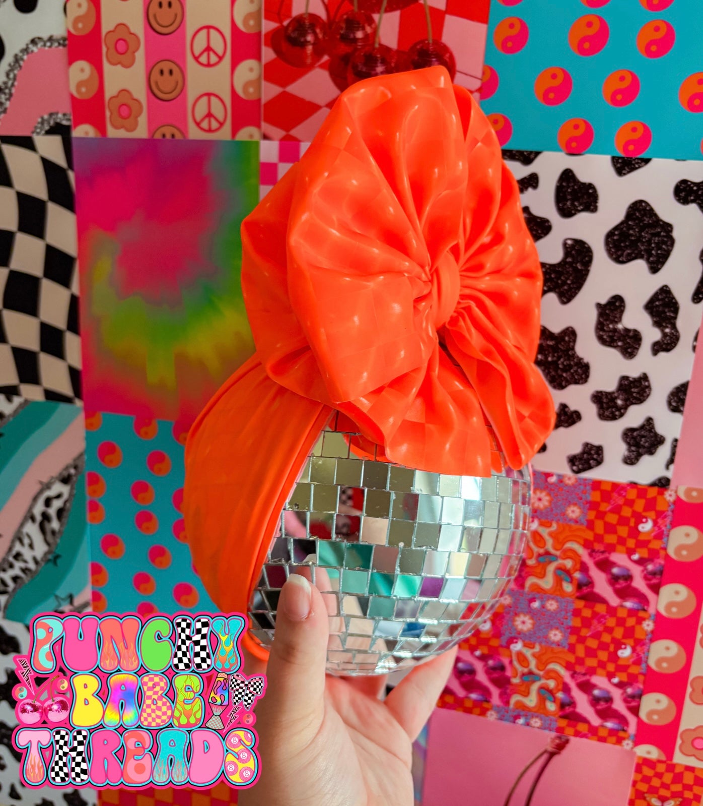 Neon Orange Checkered Pleather Bow
